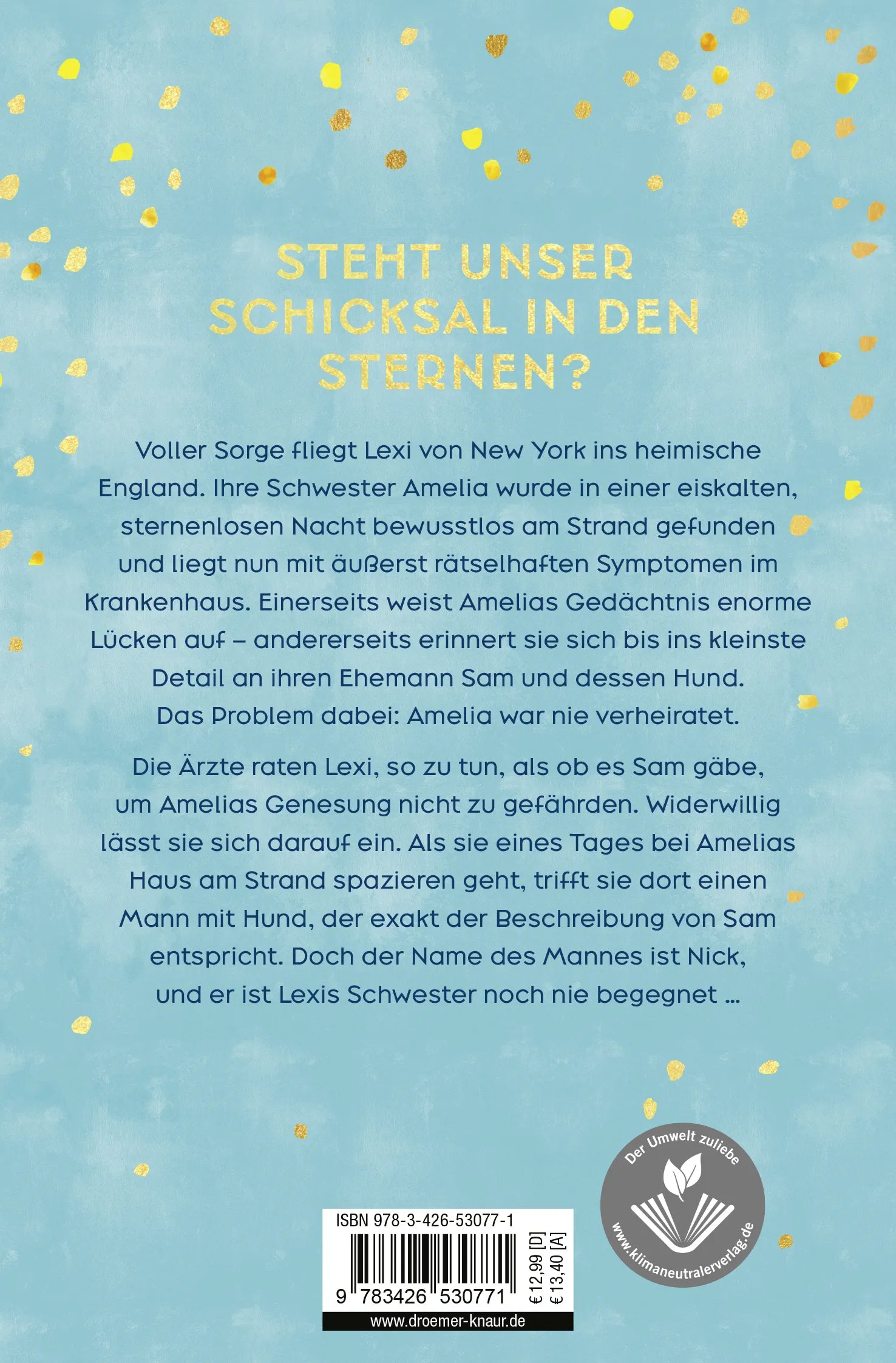 Buchrückseite von 'Was die Sterne dir schenken' mit Klappentext - Taschenbuch