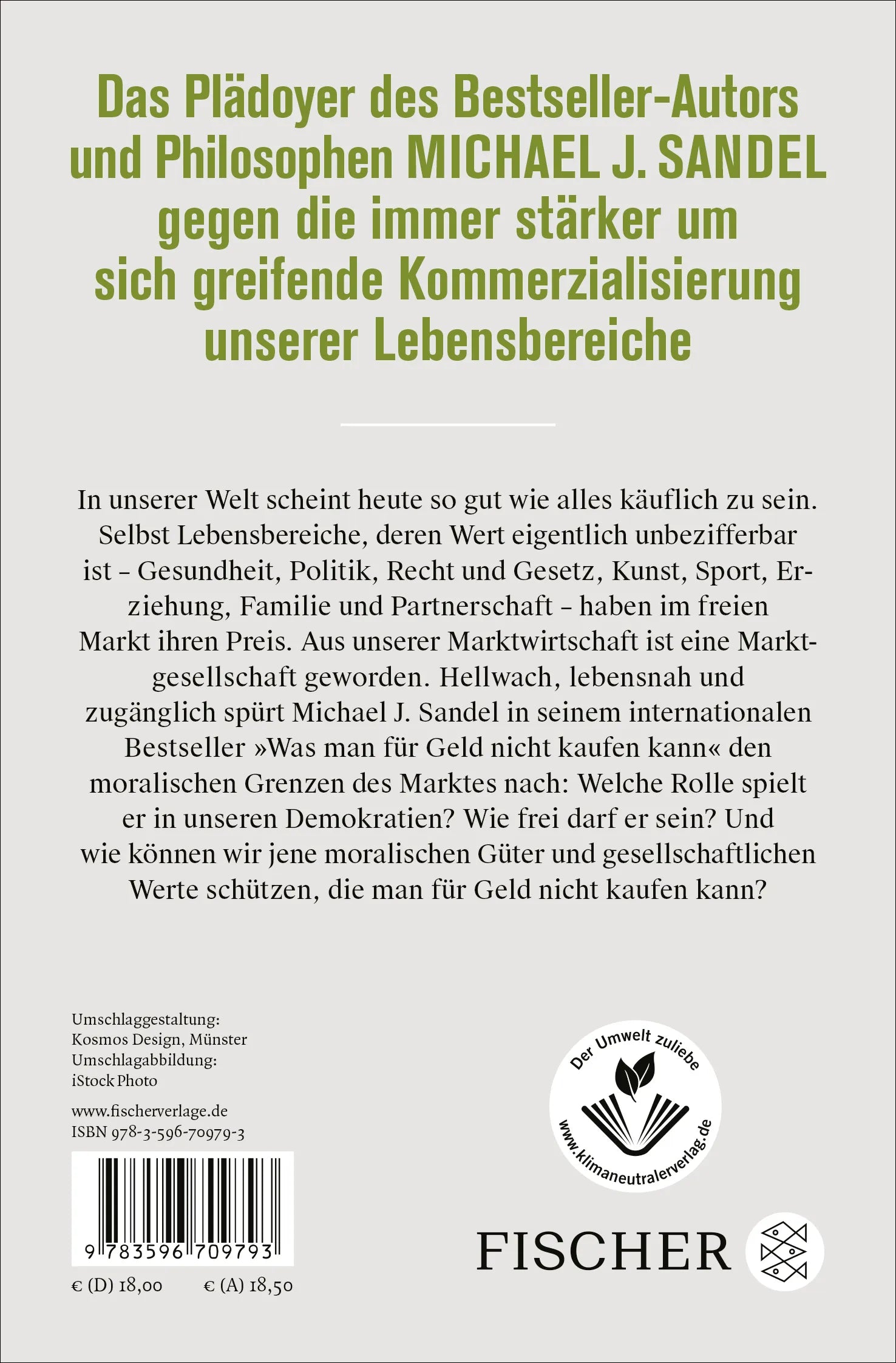 Buchrückseite von 'Was man für Geld nicht kaufen kann' mit Klappentext - Taschenbuch