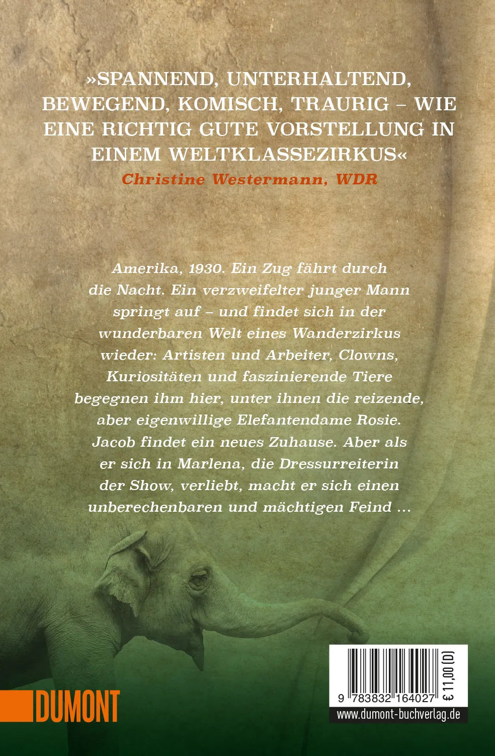 Buchrückseite von 'Wasser für die Elefanten' mit Klappentext - Taschenbuch