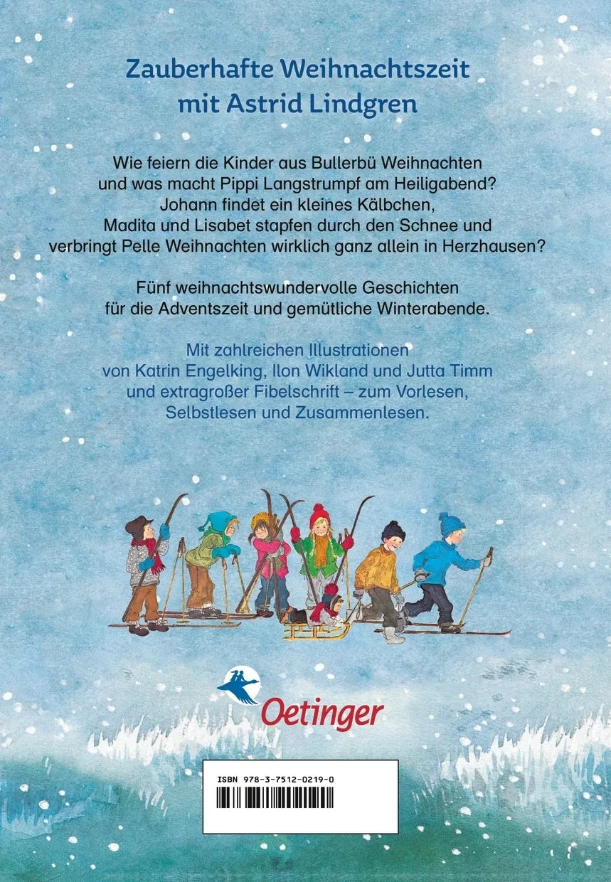 Buchrückseite von 'Weihnachten mit Pippi, Madita und Pelle' mit Klappentext - Gebundene Ausgabe