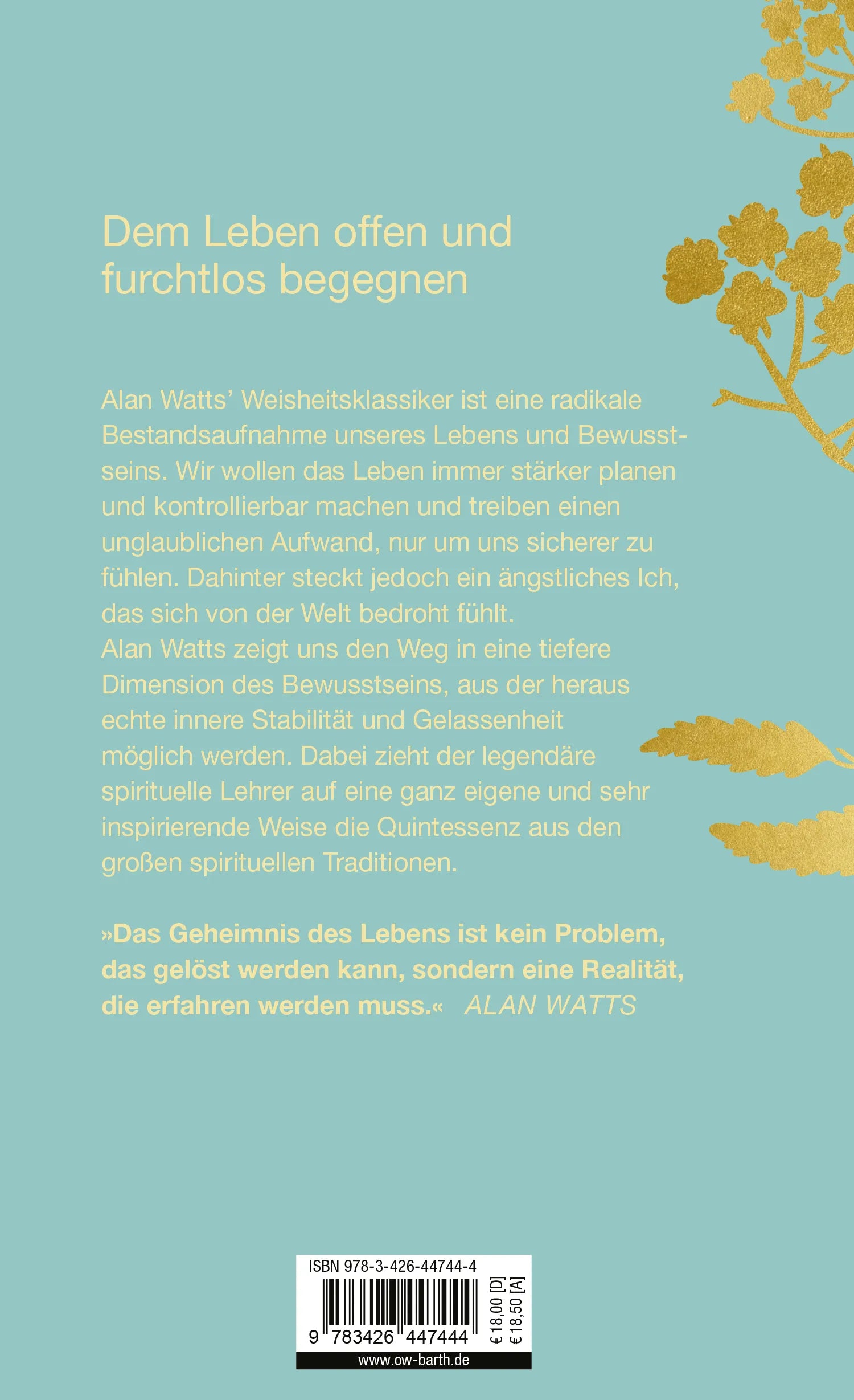 Buchrückseite von 'Weisheit des ungesicherten Lebens' mit Klappentext - Gebundene Ausgabe
