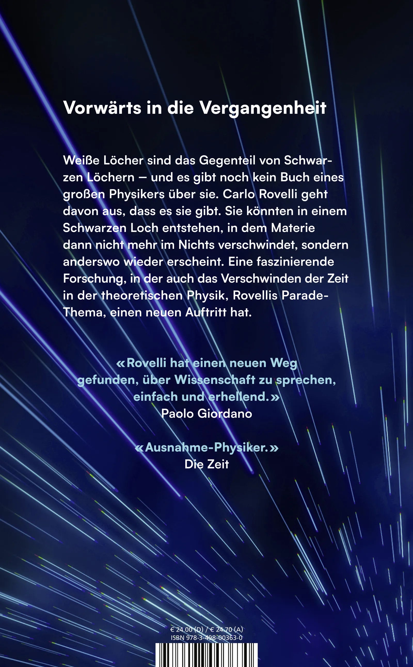 Buchrückseite von 'Weiße Löcher' mit Klappentext - Gebundene Ausgabe