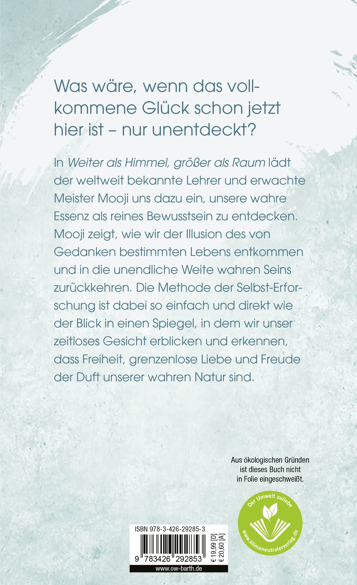 Buchrückseite von 'Weiter als Himmel, größer als Raum' mit Klappentext - Gebundene Ausgabe