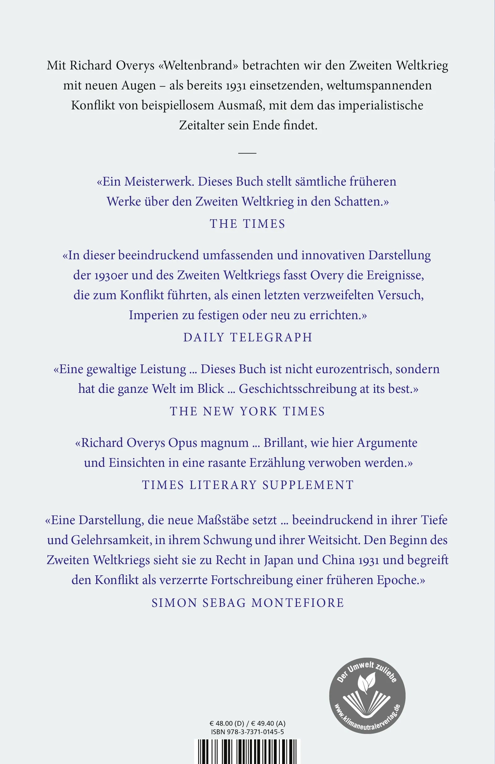 Buchrückseite von 'Weltenbrand' mit Klappentext - Gebundene Ausgabe