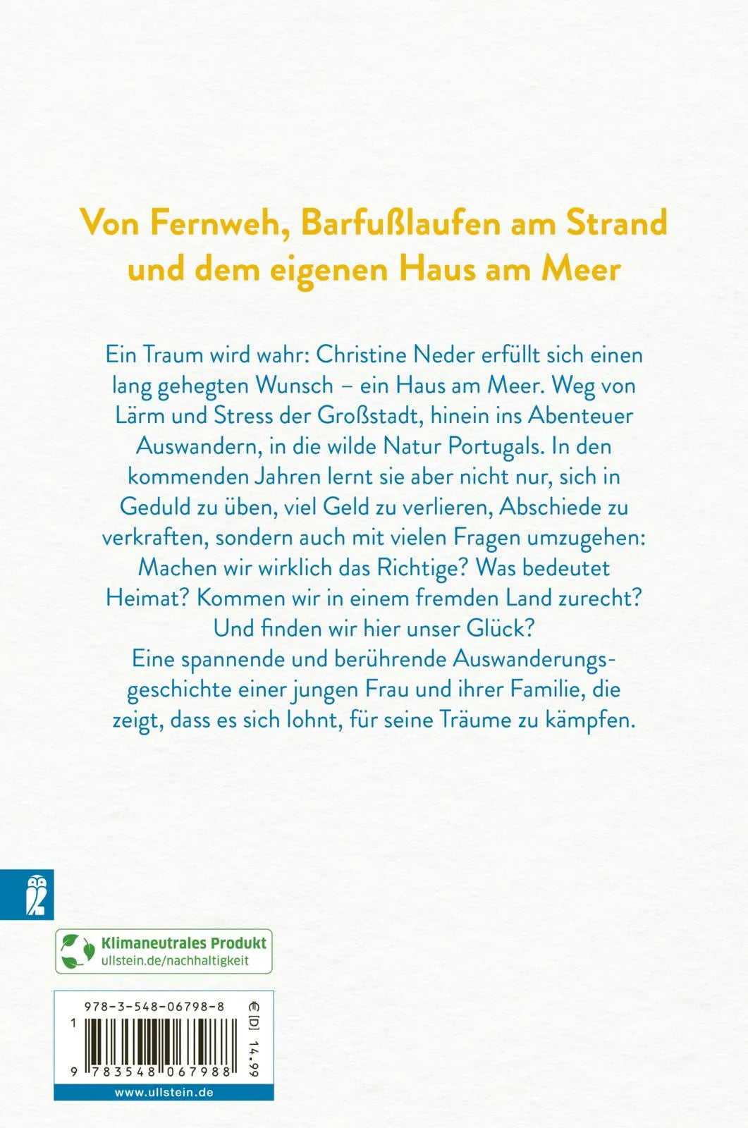 Buchrückseite von 'Weniger ist Meer' mit Klappentext - Taschenbuch