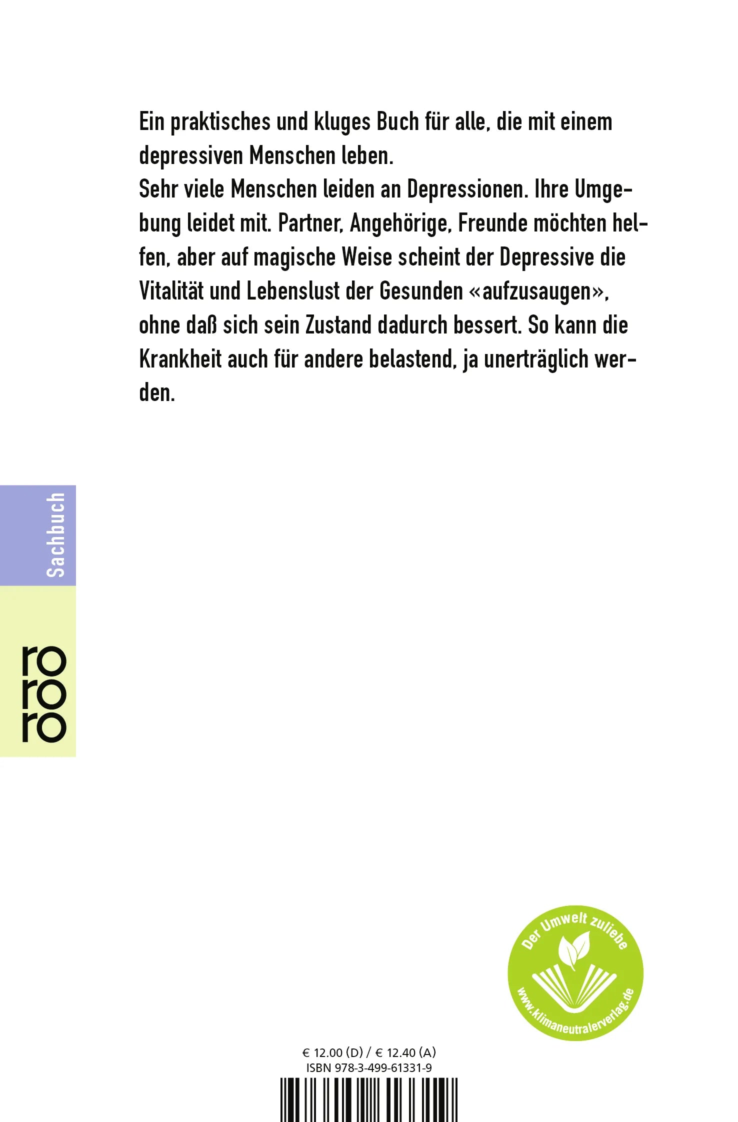 Buchrückseite von 'Wenn der Mensch, den du liebst, depressiv ist' mit Klappentext - Taschenbuch