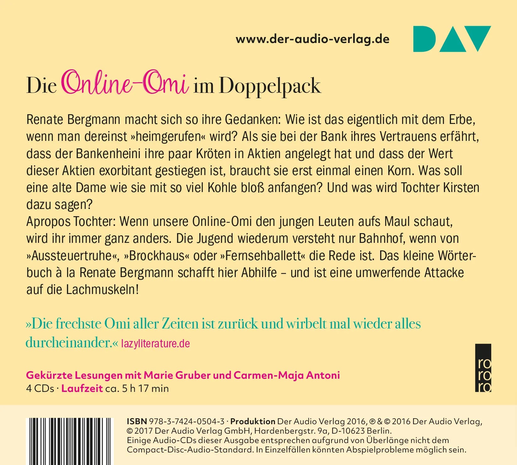 Buchrückseite von 'Wer erbt, muss auch gießen / Kennense noch Blümchenkaffee?' mit Klappentext - Hörbuch (CD)