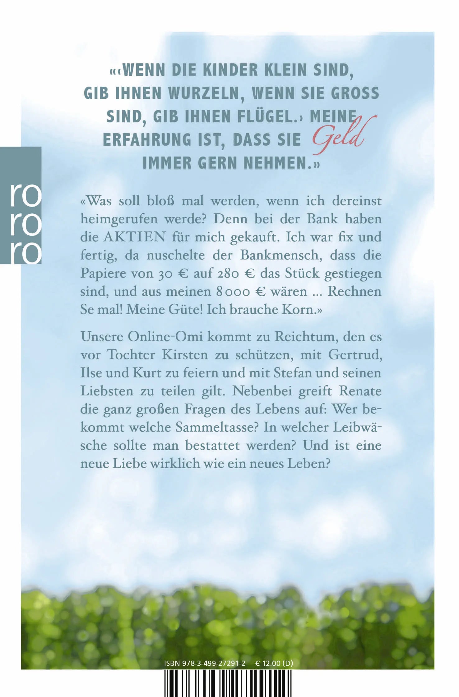 Buchrückseite von 'Wer erbt, muss auch gießen' mit Klappentext - Taschenbuch