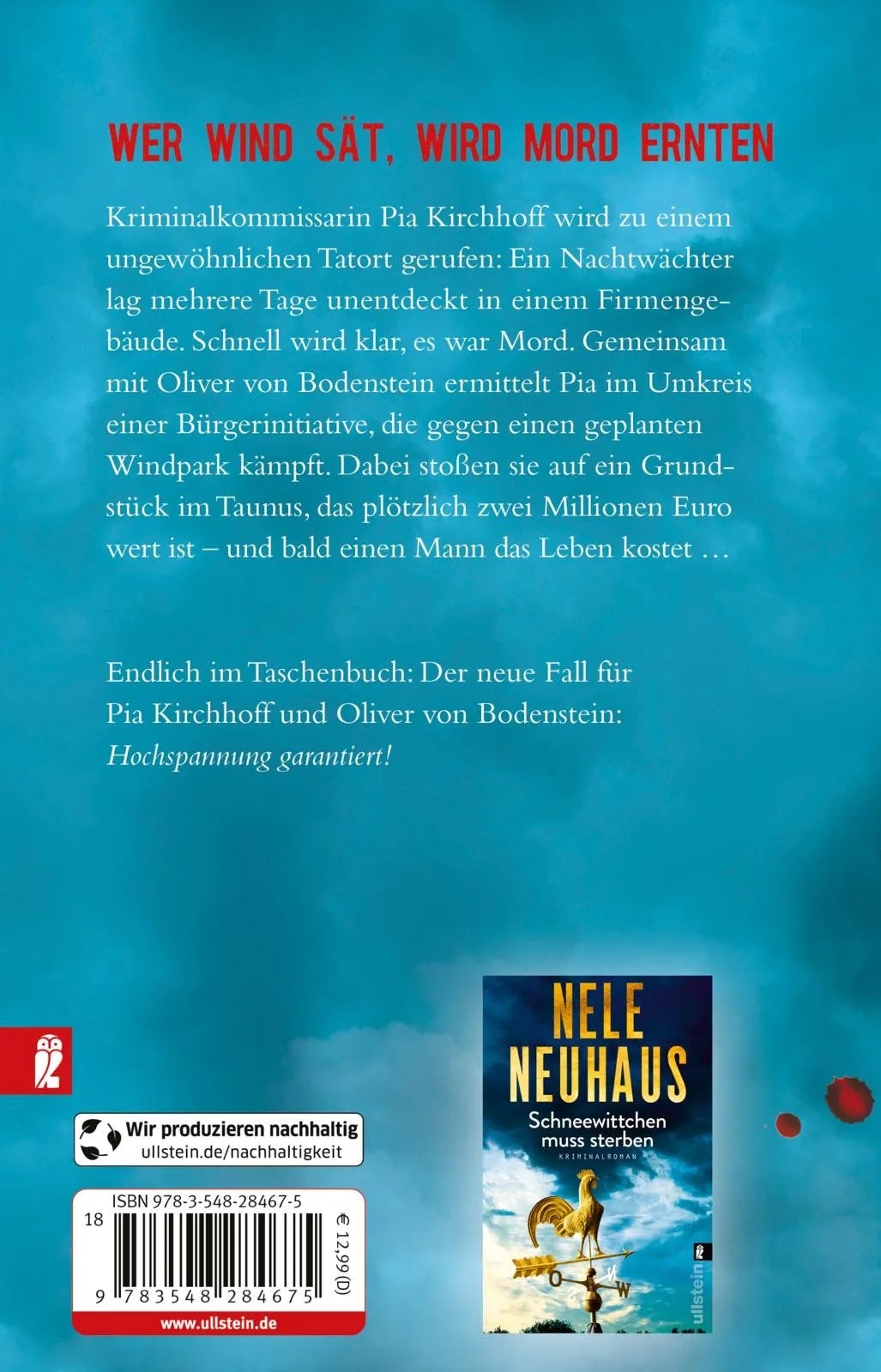 Buchrückseite von 'Wer Wind sät' mit Klappentext - Taschenbuch