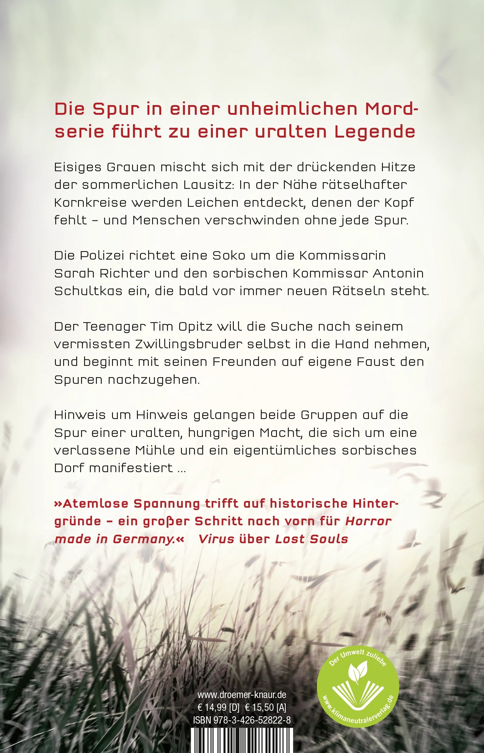 Buchrückseite von 'Whispering Fields - Blutige Ernte' mit Klappentext - Paperback
