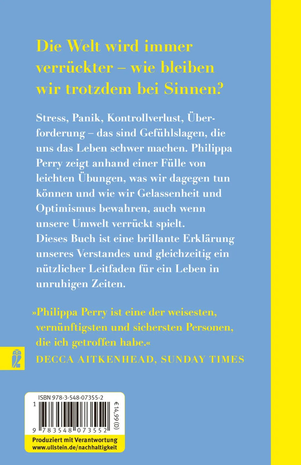 Buchrückseite von 'Wie man in verrückten Zeiten nicht den Verstand verliert' mit Klappentext - Taschenbuch