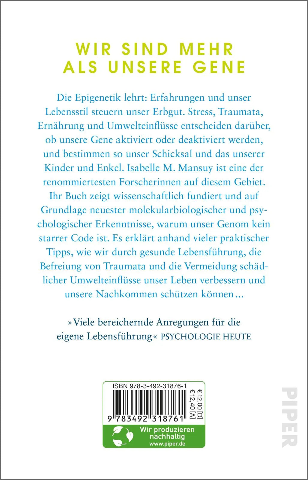 Buchrückseite von 'Wir können unsere Gene steuern!' mit Klappentext - Taschenbuch