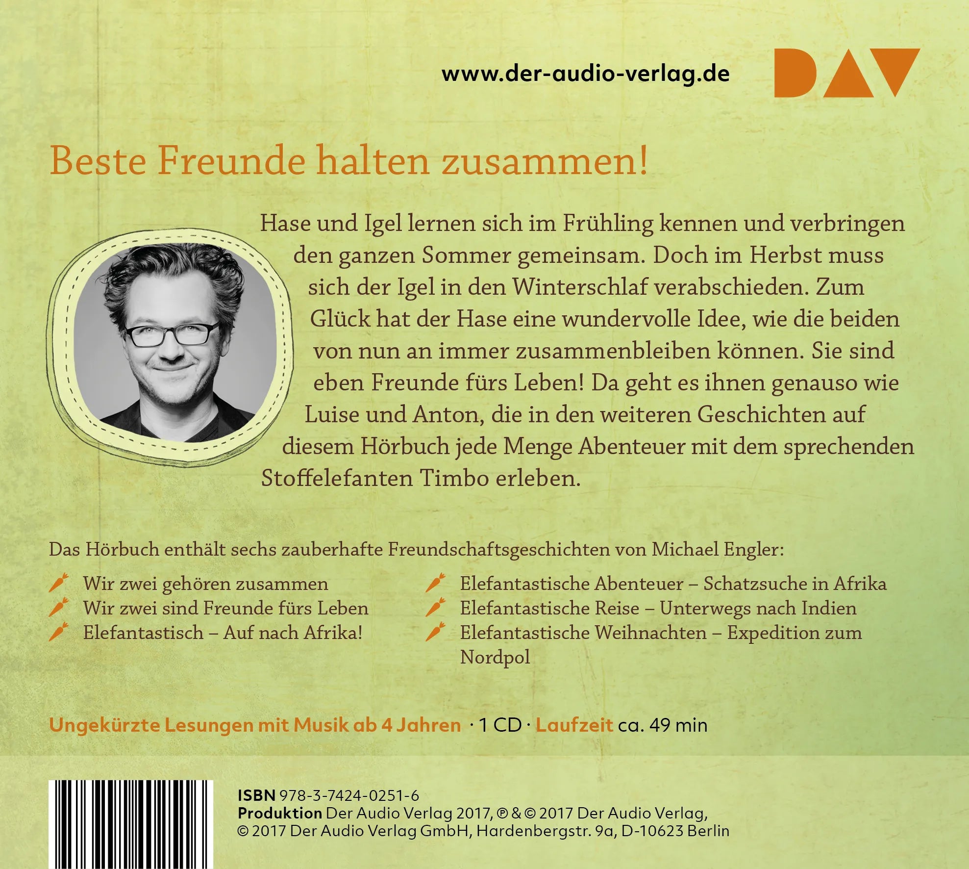 Buchrückseite von 'Wir zwei gehören zusammen und weitere elefantastische Geschichten' mit Klappentext - Hörbuch (CD)