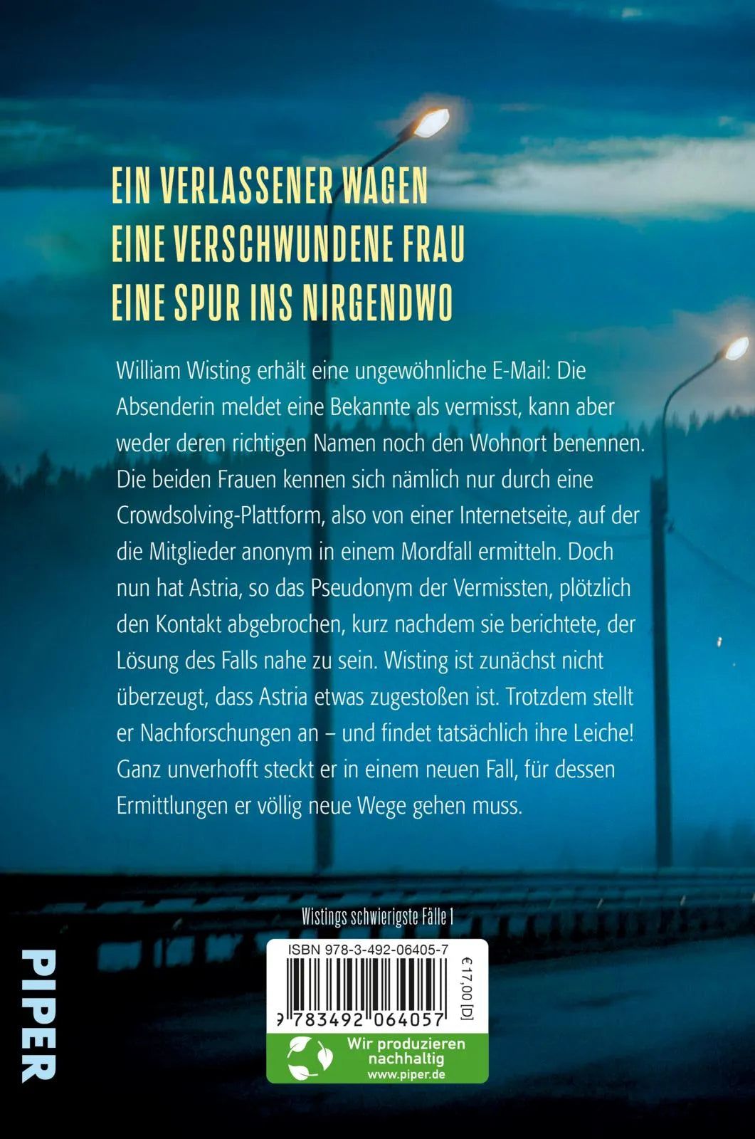 Buchrückseite von 'Wisting und die Tote am Wegesrand' mit Klappentext - Paperback