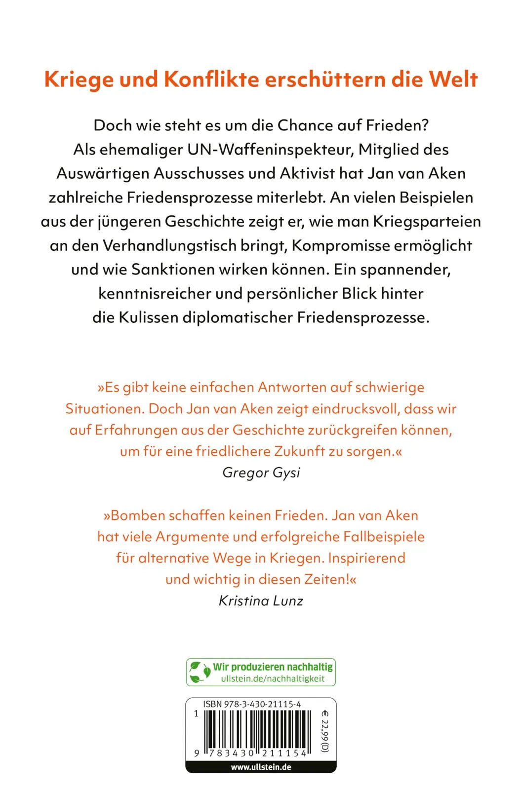 Buchrückseite von 'Worte statt Waffen' mit Klappentext - Gebundene Ausgabe