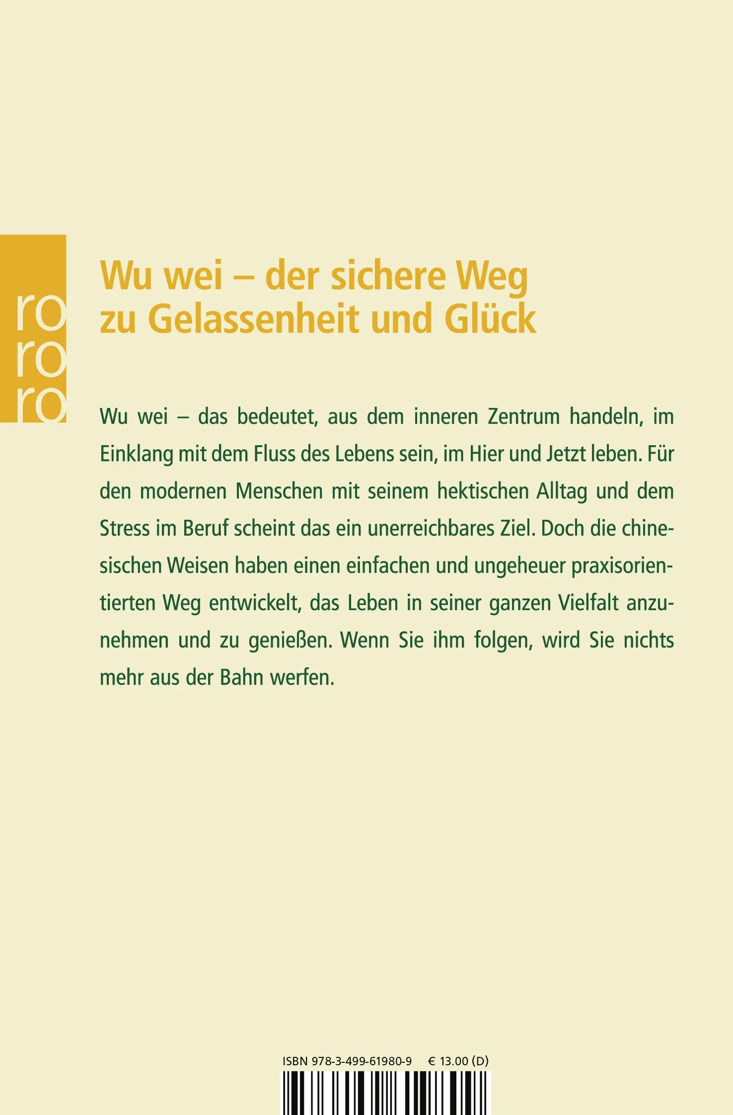 Buchrückseite von 'Wu wei: Die Lebenskunst des Tao' mit Klappentext - Taschenbuch