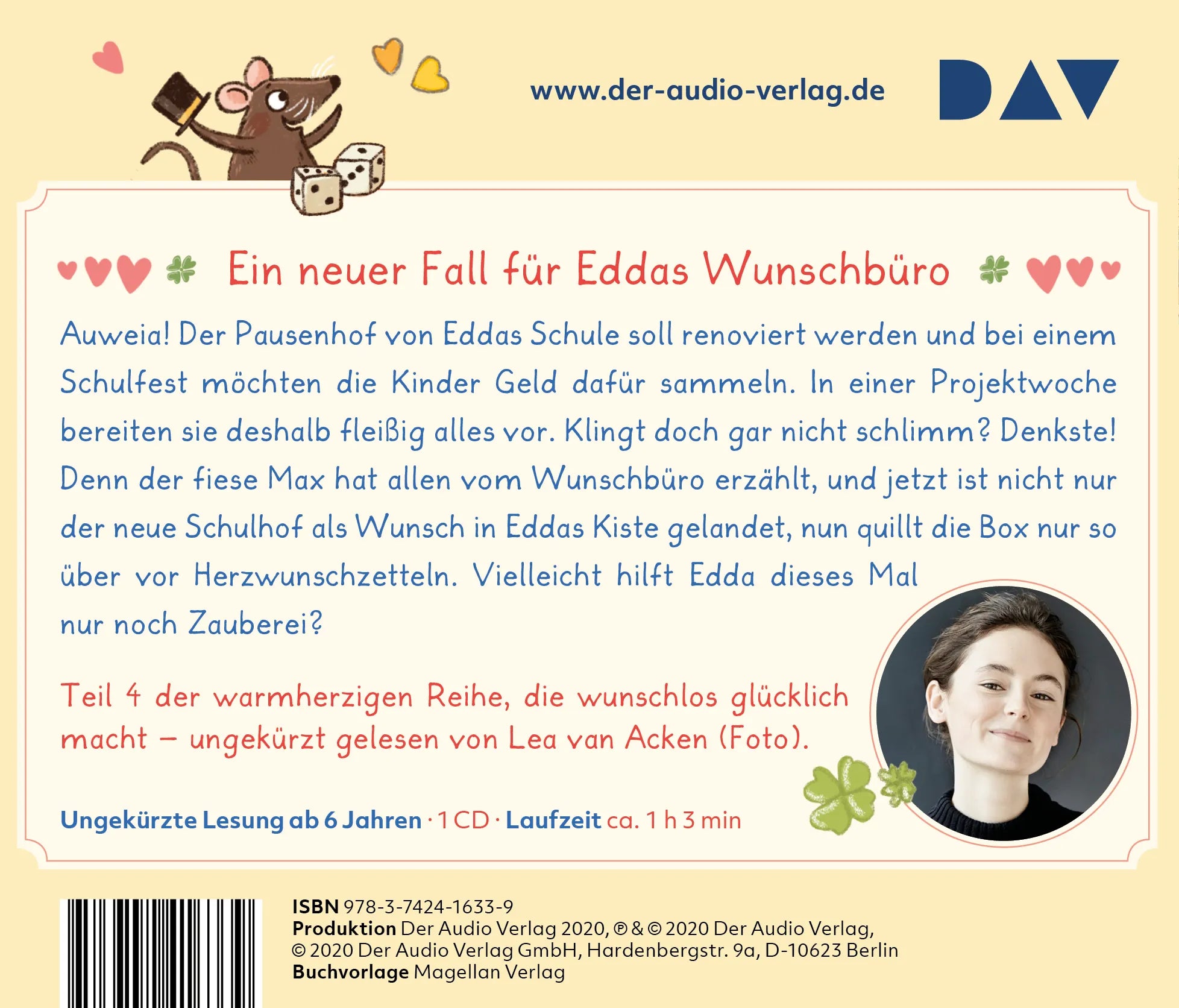 Buchrückseite von 'Wunschbüro Edda – Teil 4: Wunschalarm im Klassenzimmer' mit Klappentext - Hörbuch (CD)