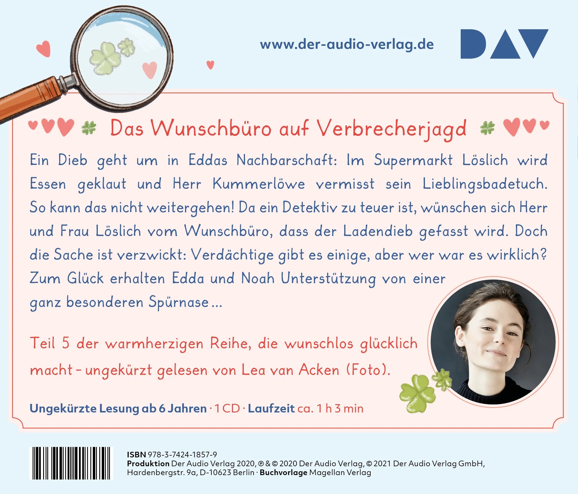 Buchrückseite von 'Wunschbüro Edda – Teil 5: Tatort Parkstraße' mit Klappentext - Hörbuch (CD)