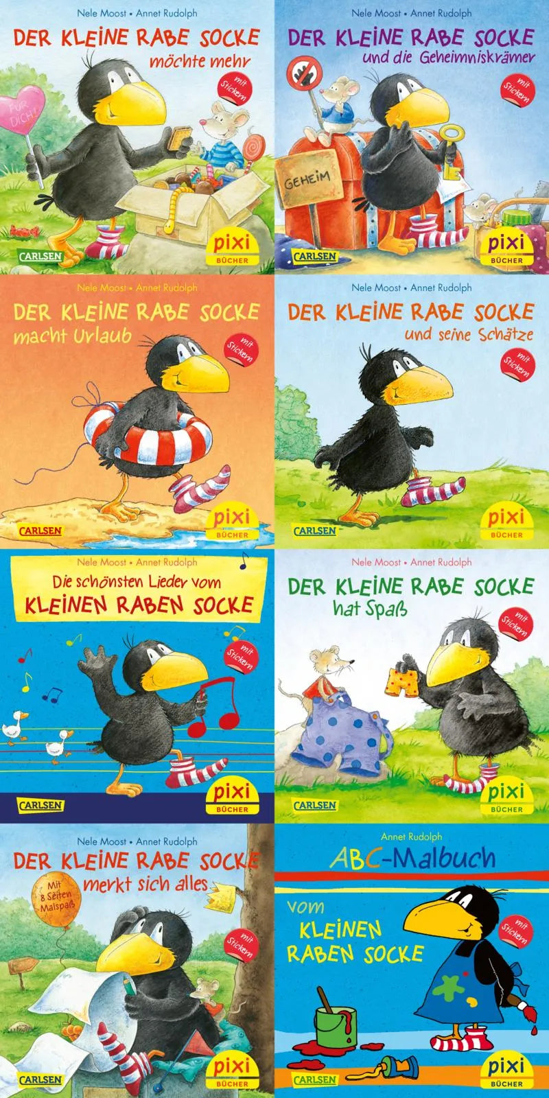 Buchcover von 'WWS Pixi-Box 193: Der kleine Rabe Socke mit Stickern' - Taschenbuch von Nele Moost