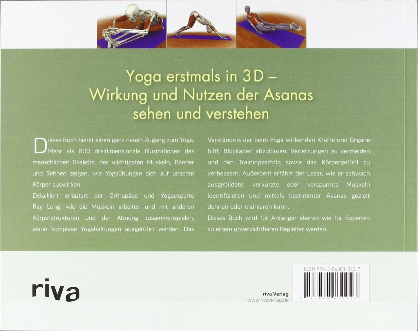 Buchrückseite von 'Yoga-Anatomie 3D' mit Klappentext - Taschenbuch