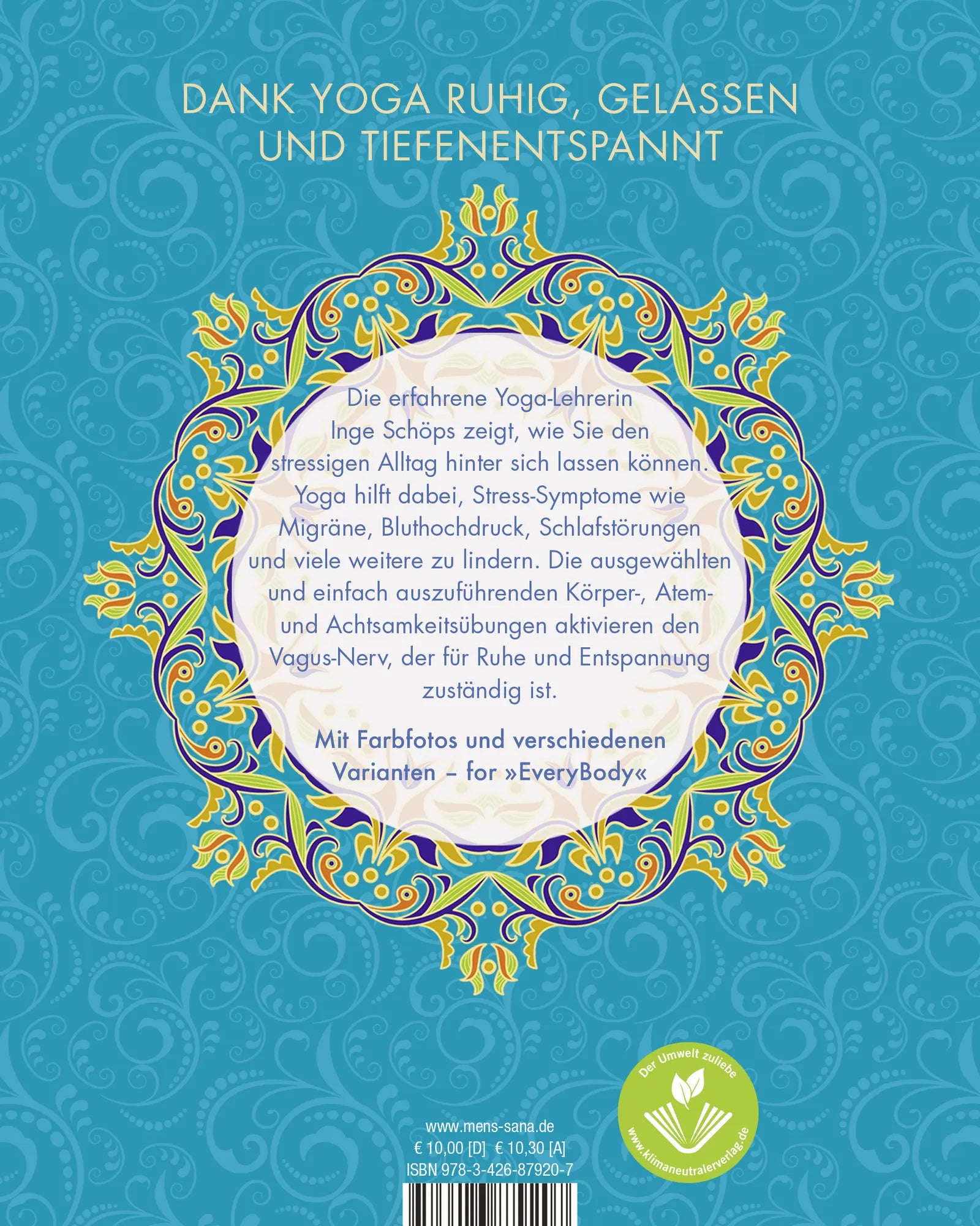 Buchrückseite von 'Yoga for EveryBody - Ruhe und Tiefenentspannung' mit Klappentext - Taschenbuch