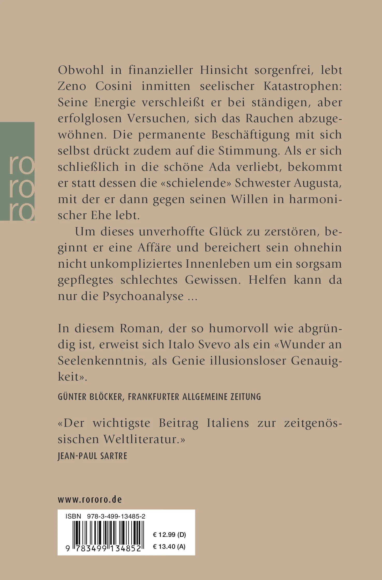 Buchrückseite von 'Zeno Cosini' mit Klappentext - Taschenbuch