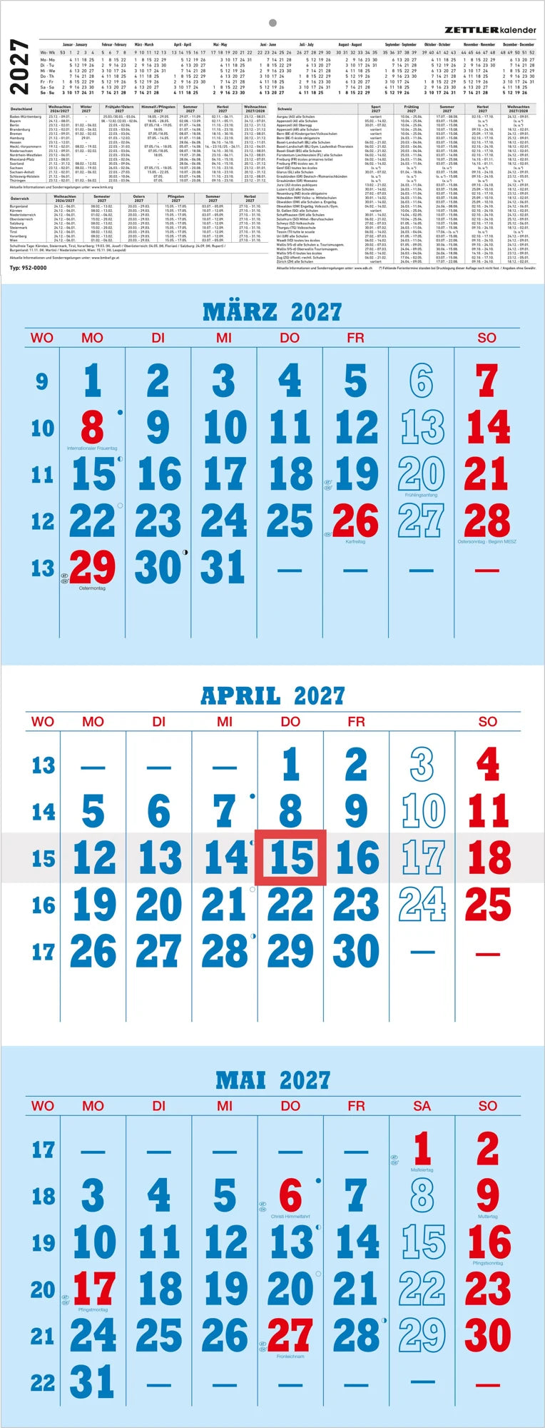 Wandkalender: ZETTLER 3-Monatskalender blau/rot 2027