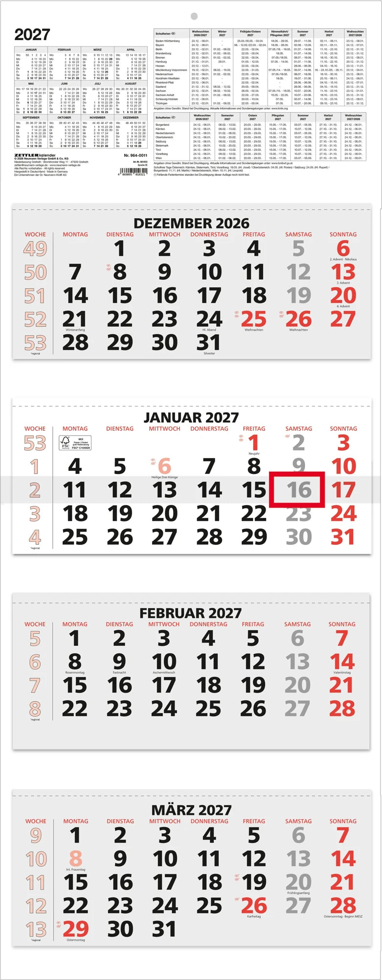 Wandkalender: ZETTLER 4-Monatskalender rot 2027