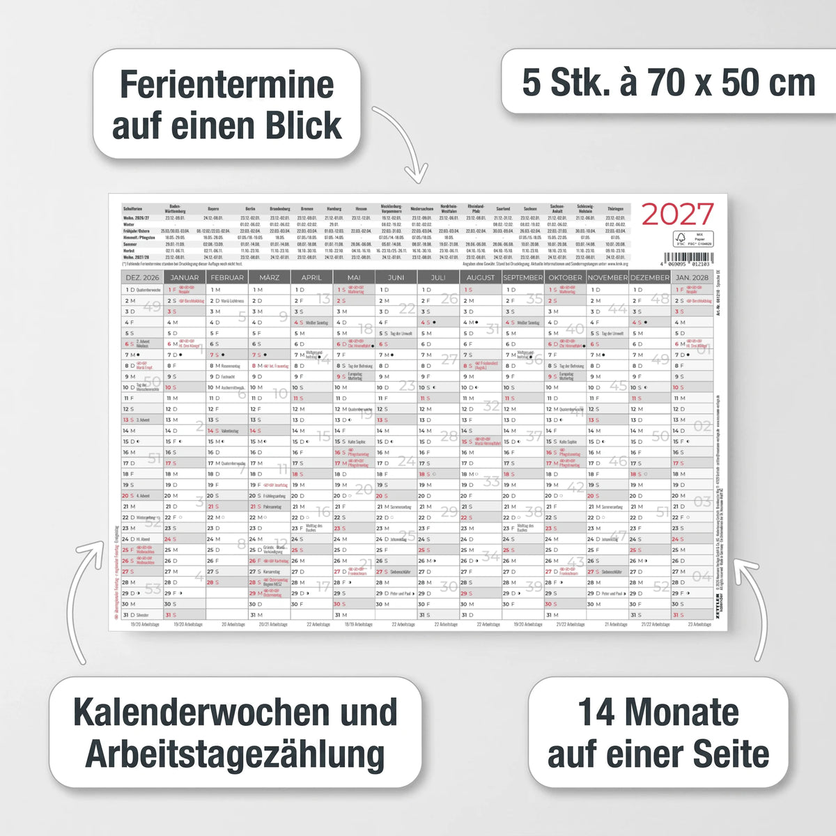 ZETTLER Kleiner Wandplaner 5 Stk. gerollt 2027 – Ansicht