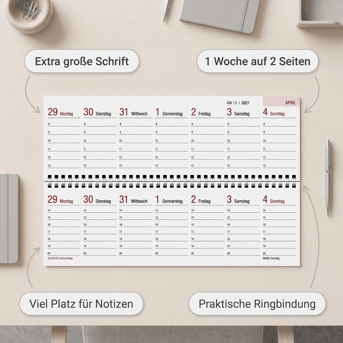 ZETTLER Tischquerkalender GROSSDRUCK 2027 – Ansicht