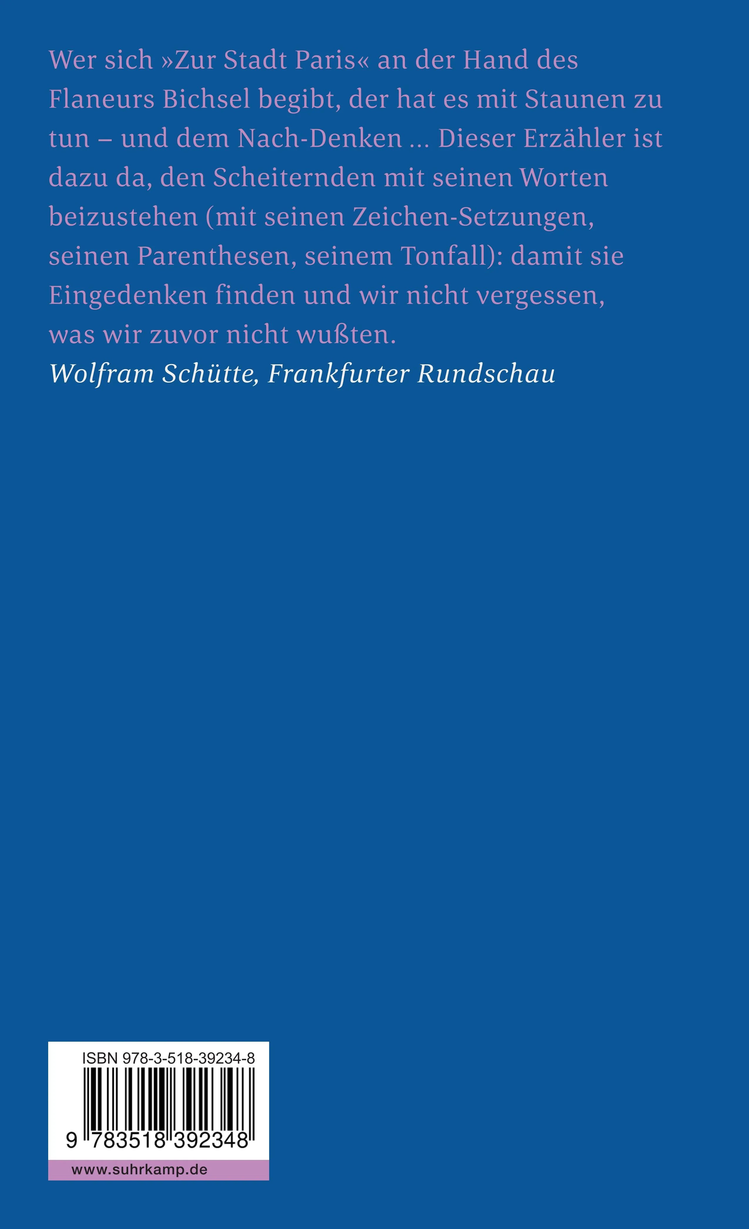 Buchrückseite von 'Zur Stadt Paris' mit Klappentext - Taschenbuch