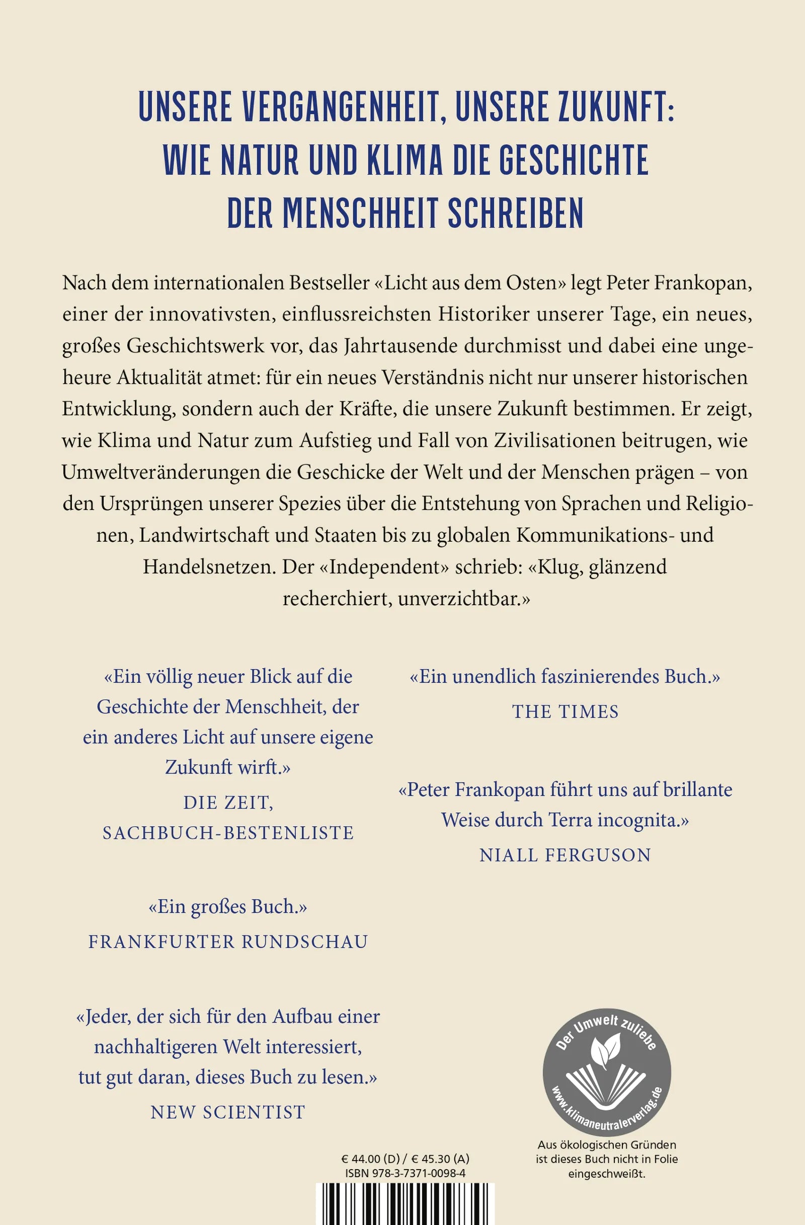 Buchrückseite von 'Zwischen Erde und Himmel' mit Klappentext - Gebundene Ausgabe
