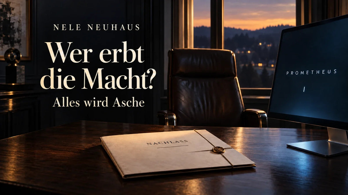 Symbolbild zu Alles wird Asche von Nele Neuhaus: leerer Chefsessel, Nachlassmappe und PROMETHEUS-Bildschirm mit der Frage „Wer erbt die Macht?“