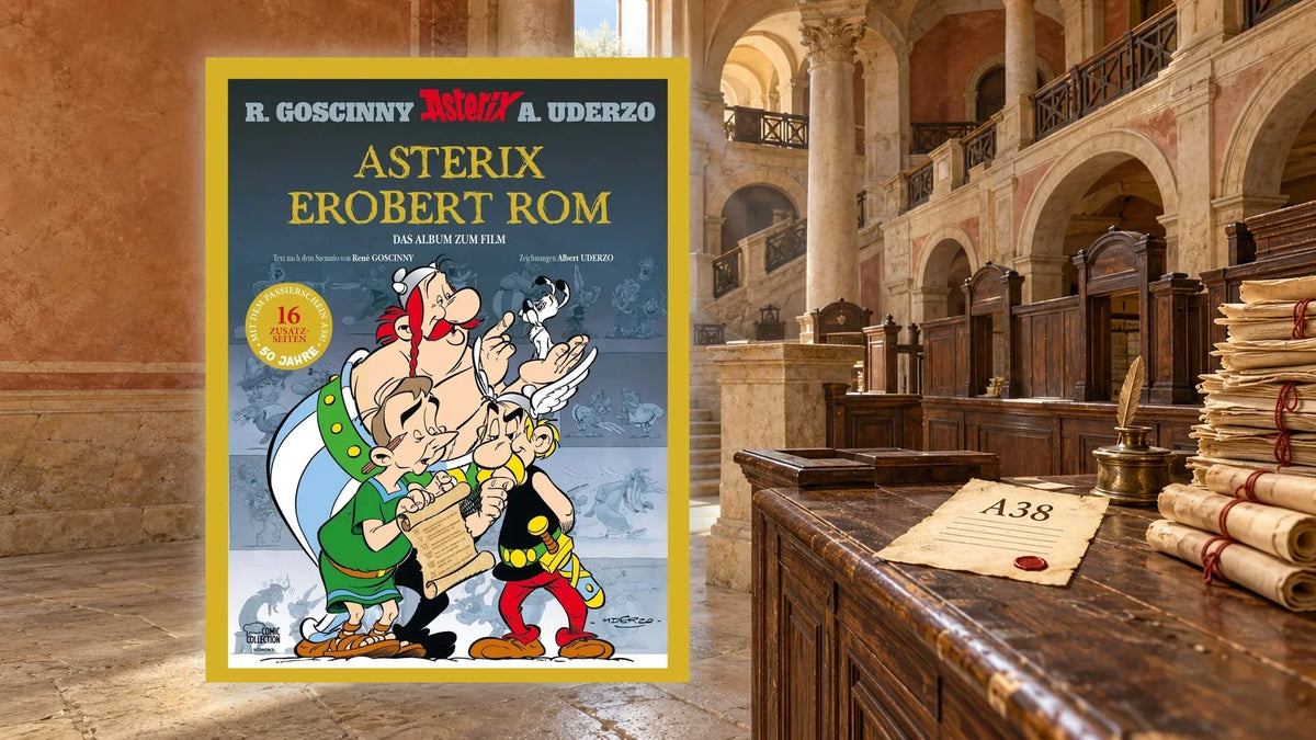 »Asterix erobert Rom« von Goscinny und Uderzo, Sonderausgabe zum 50. Jubiläum, in einer römischen Amtshalle mit Passierschein A38 auf dem Tresen
