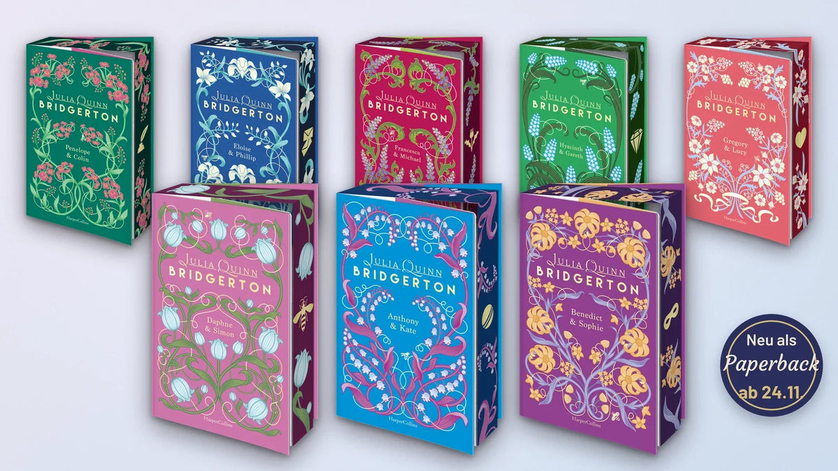 Die acht Bridgerton-Romane von Julia Quinn in der neuen Paperback-Ausgabe mit floralen Covern und Farbschnitt, erscheinen ab 24. November 2026