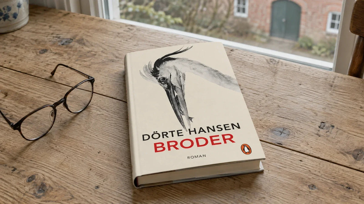 Broder von Dörte Hansen auf einem Holztisch neben einer Lesebrille, im Hintergrund ein Bauernhof.