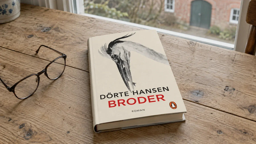 Broder von Dörte Hansen auf einem Holztisch neben einer Lesebrille, im Hintergrund ein Bauernhof.