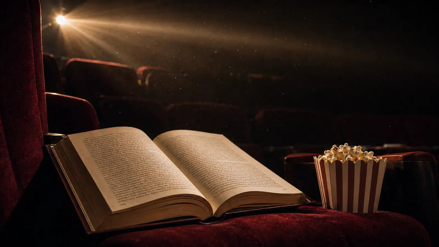Buchverfilmungen 2026: Aufgeschlagenes Buch auf einem Kinosessel im Licht des Projektors – erst lesen, dann schauen