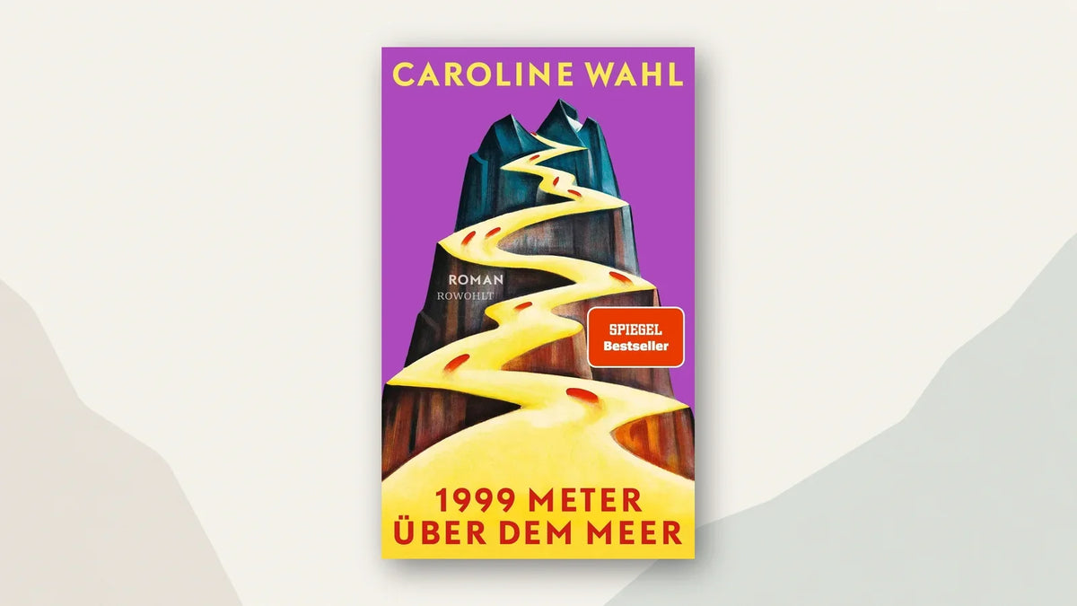 Buchcover 1999 Meter über dem Meer von Caroline Wahl mit kurviger Bergstraße auf violettem Grund vor hellen, stilisierten Bergen