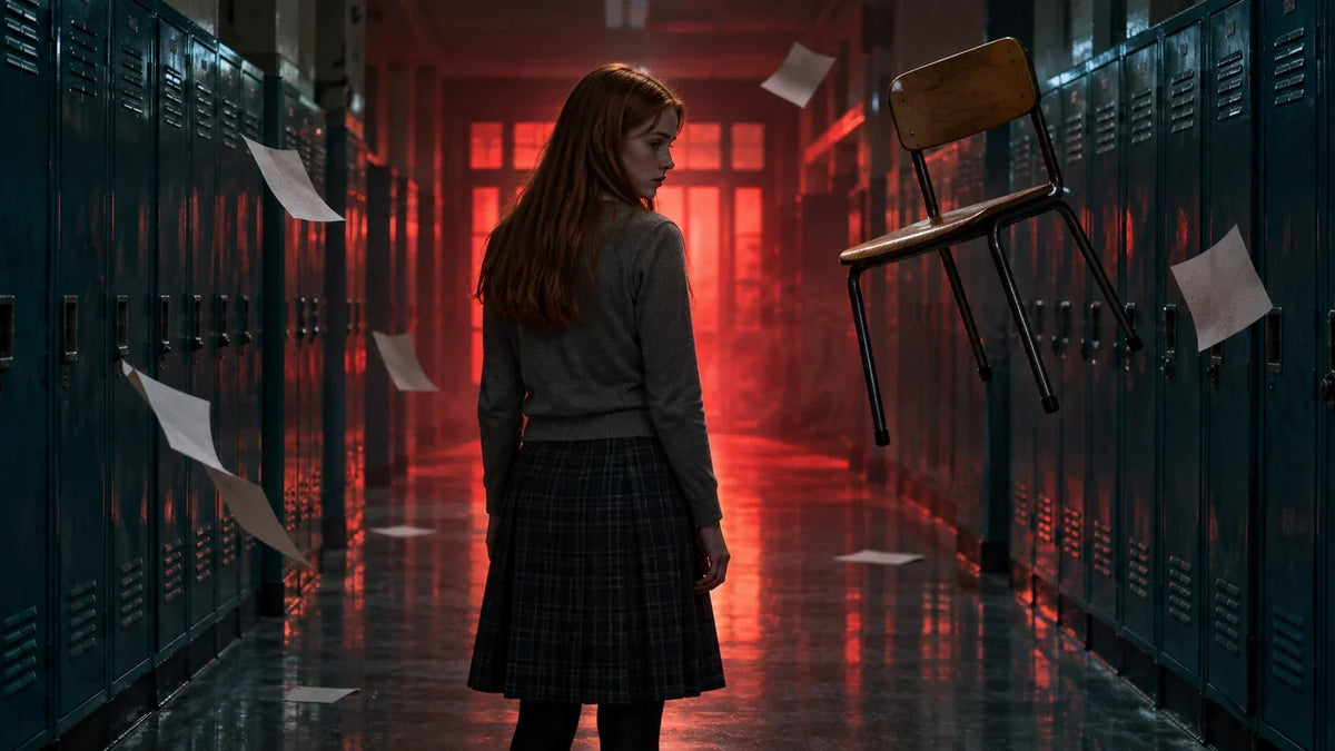 Illustration zu Stephen Kings Carrie: Ein Mädchen steht in einem rot beleuchteten Schulflur, neben ihm schweben ein Stuhl und Papierblätter.