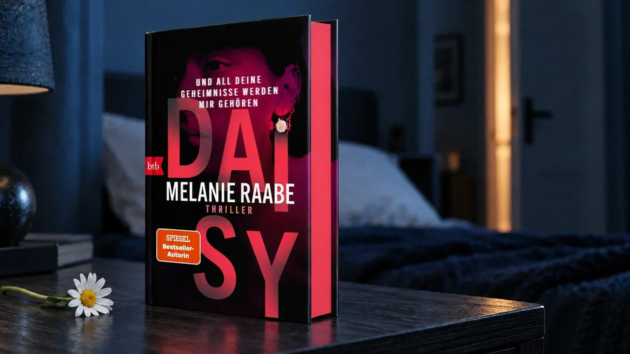 DAISY von Melanie Raabe als Hardcover auf einem Nachttisch neben einem Gänseblümchen, im Hintergrund eine angelehnte Tür.