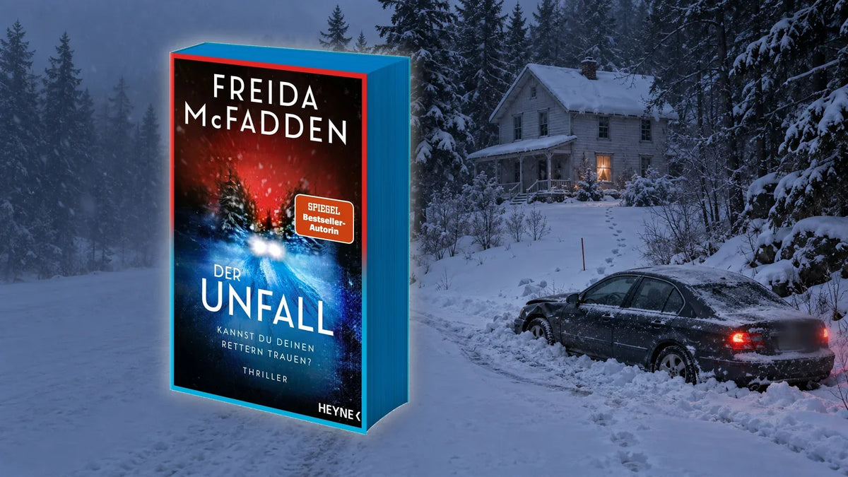 »Der Unfall« von Freida McFadden vor einer verschneiten Waldstraße im Schneesturm, dahinter ein Auto im Schneewall und ein einsames Haus mit erleuchtetem Fenster
