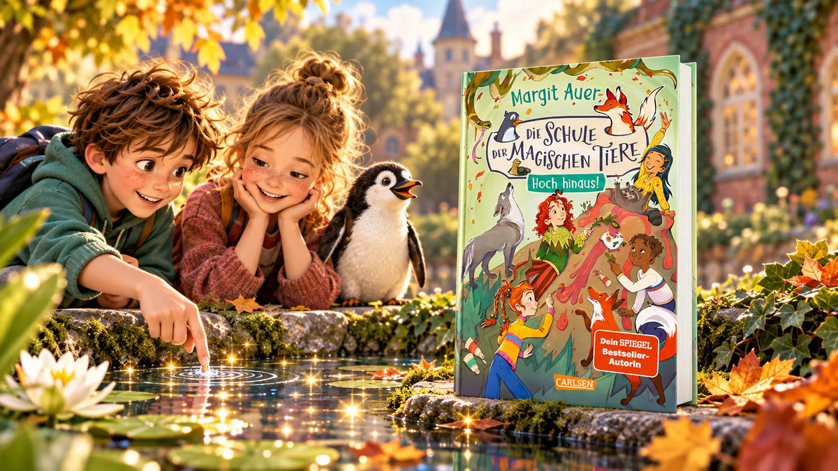 Illustration zu „Die Schule der magischen Tiere“: zwei Kinder und ein Pinguin am Schulteich, daneben Band 17 „Hoch hinaus!“  