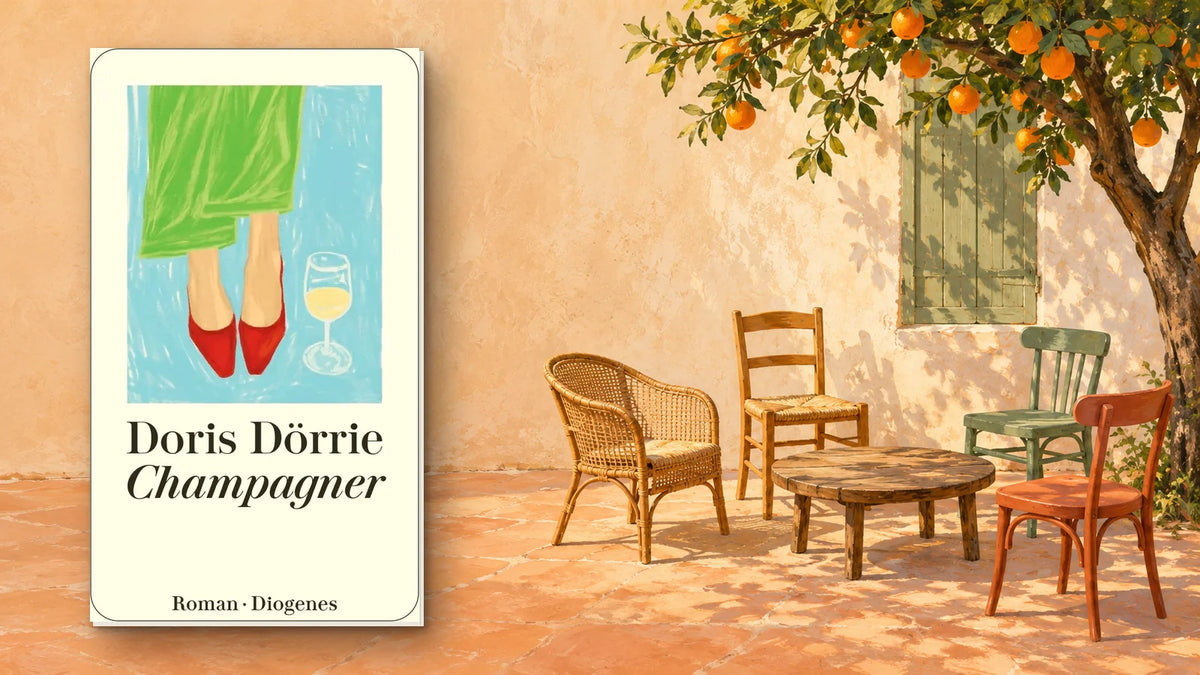 Buchcover »Champagner« von Doris Dörrie vor einer sonnigen Hauswand mit Orangenbaum, grünen Fensterläden und vier verschiedenen Stühlen um einen alten Holztisch