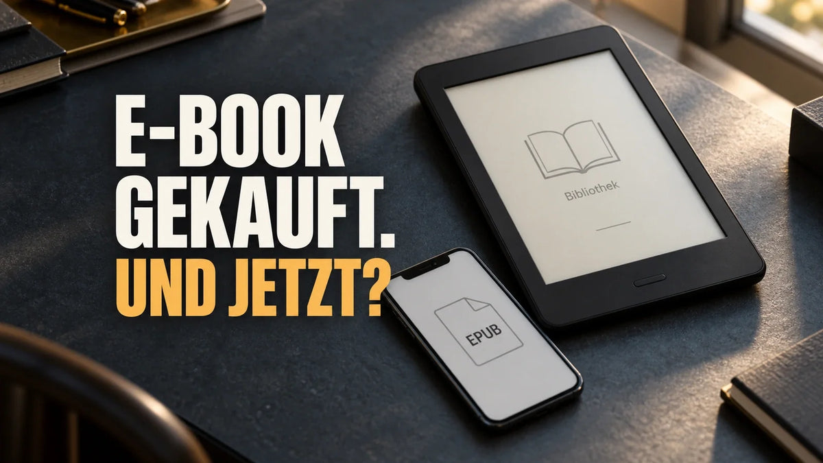 E-Reader und Smartphone mit EPUB-Dateisymbol neben der Frage „E-Book gekauft. Und jetzt?“