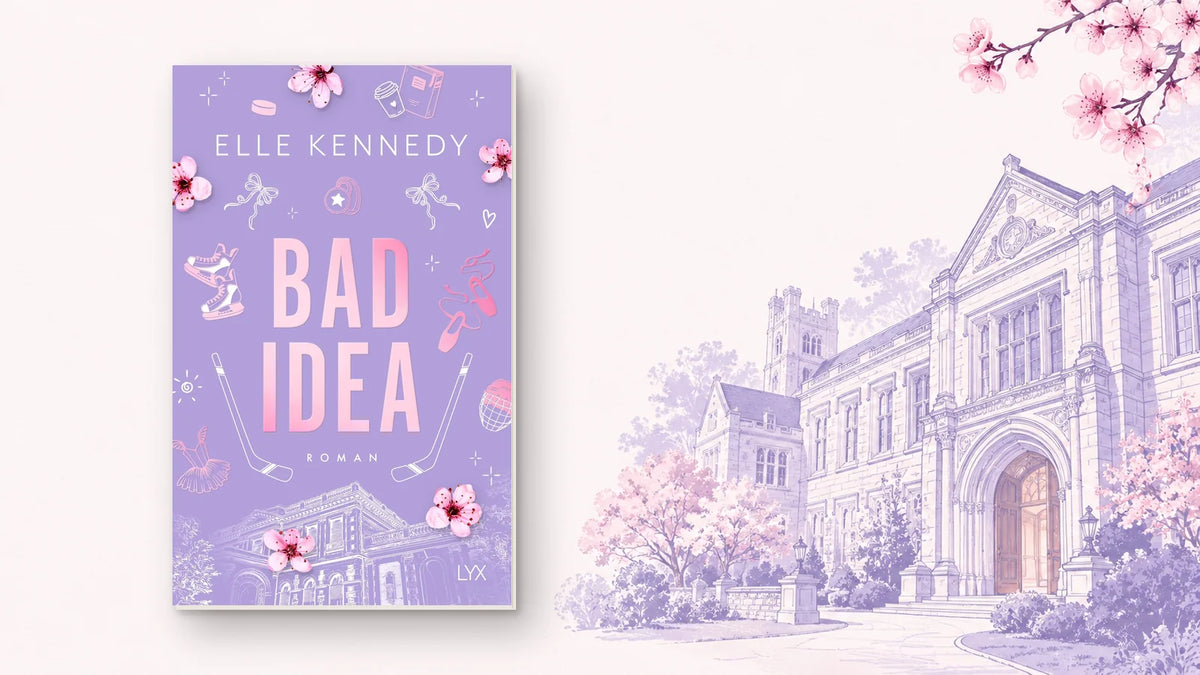 Buchcover »Bad Idea« von Elle Kennedy, gerade auf hellem Grund, rechts ein zart lila gezeichnetes Universitätsgebäude mit gotischem Turm und blühenden Kirschbäumen
