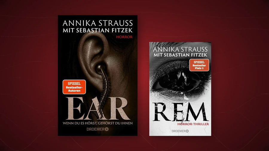 Buchcover EAR und REM von Annika Strauss und Sebastian Fitzek vor dunkelrotem Hintergrund mit feinen Radiowellen