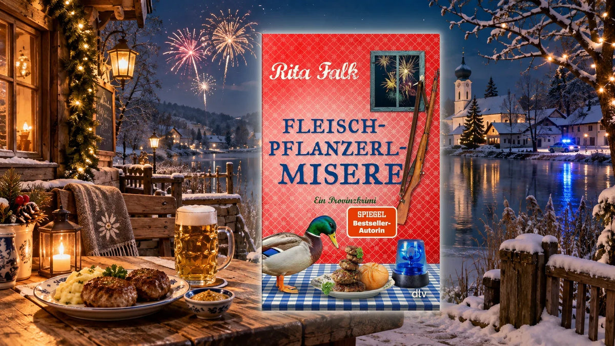 »Fleischpflanzerl-Misere« von Rita Falk vor einem verschneiten Dorf in der Silvesternacht, davor ein Wirtshaustisch mit Fleischpflanzerl und Bier