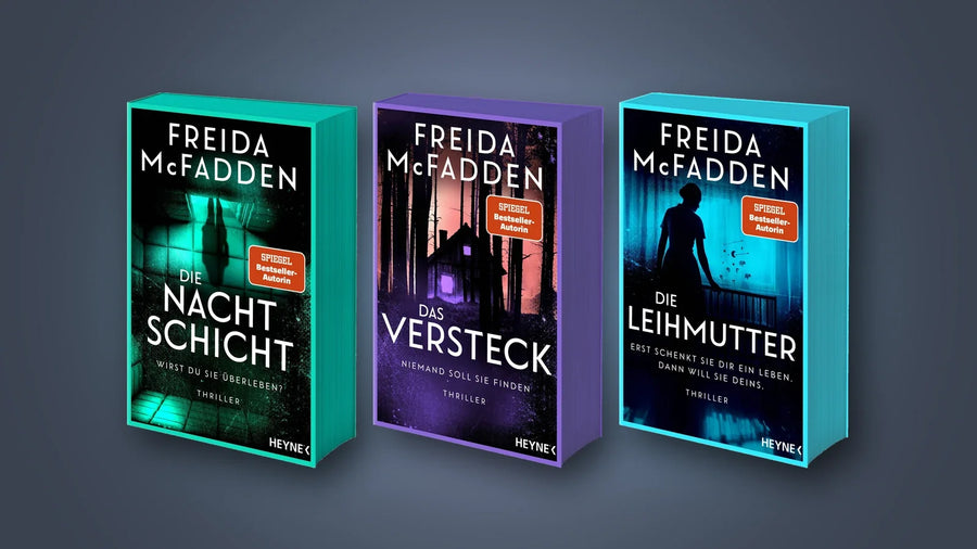 Die drei neuen Thriller von Freida McFadden bei Heyne nebeneinander: Die Nachtschicht, Das Versteck und Die Leihmutter als Paperback mit farbigem Buchschnitt