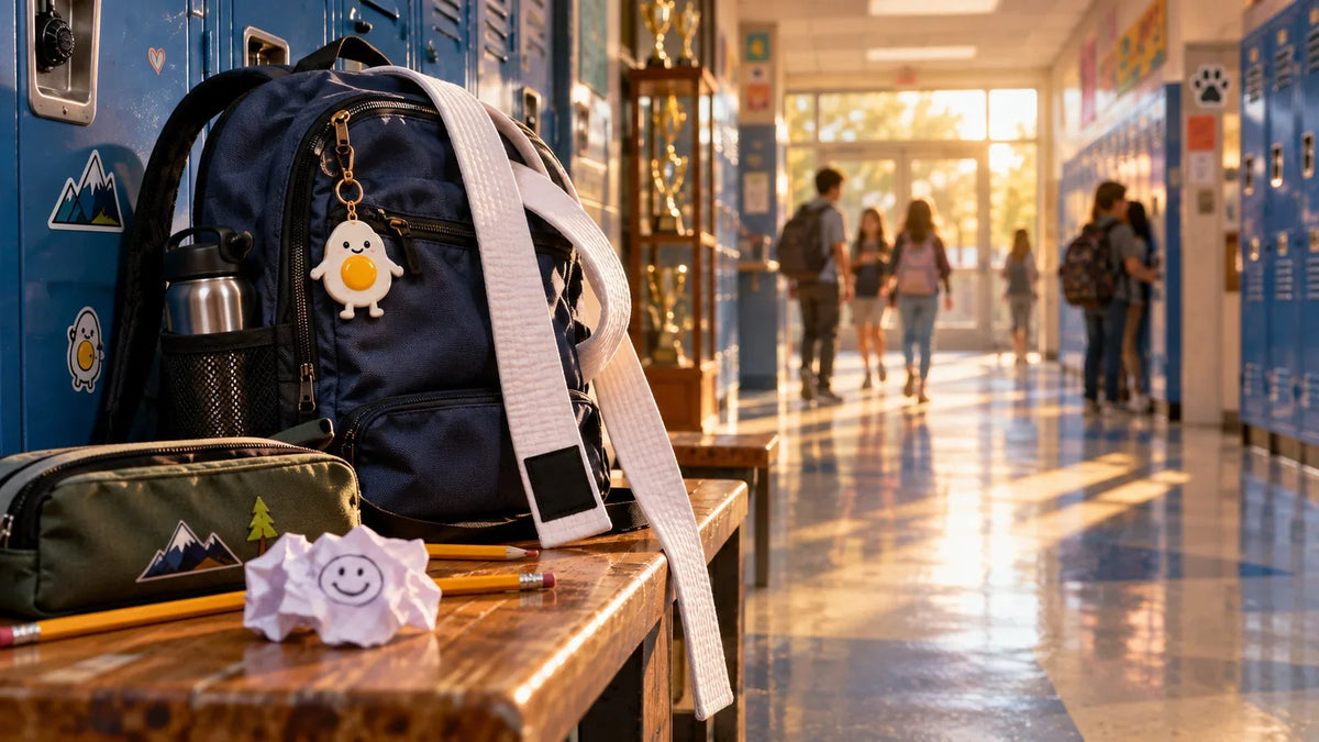 Rucksack mit Ei-Anhänger, weißer Karategürtel und Federmäppchen auf einer Bank in einem sonnigen Schulflur